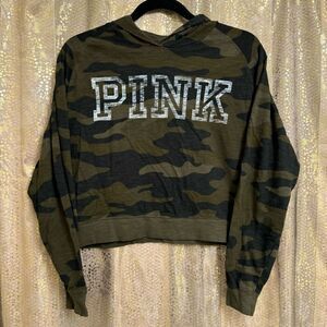 PINK Victorias Secret Camo Army Green Cropped Hoodie Top XS/S